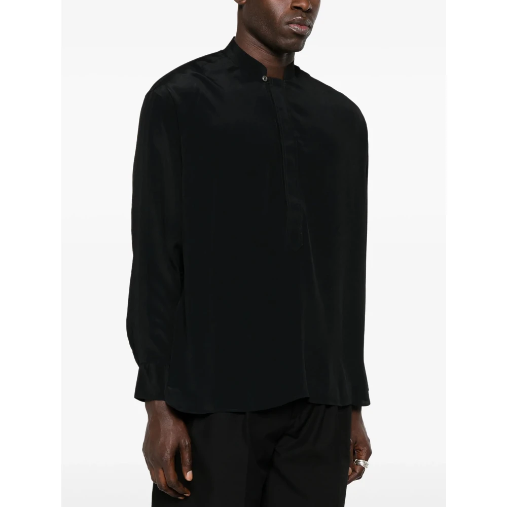 Lardini Zwarte Crêpe Overhemd Mandarin Kraag Lange Mouw Black Heren