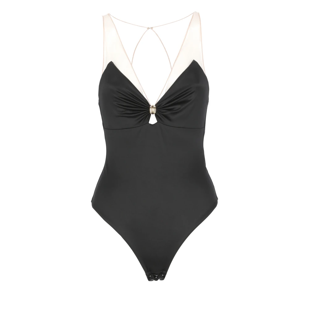 Elisabetta Franchi Zwarte Satijnen V-hals Top met Tule Bandjes Black Dames