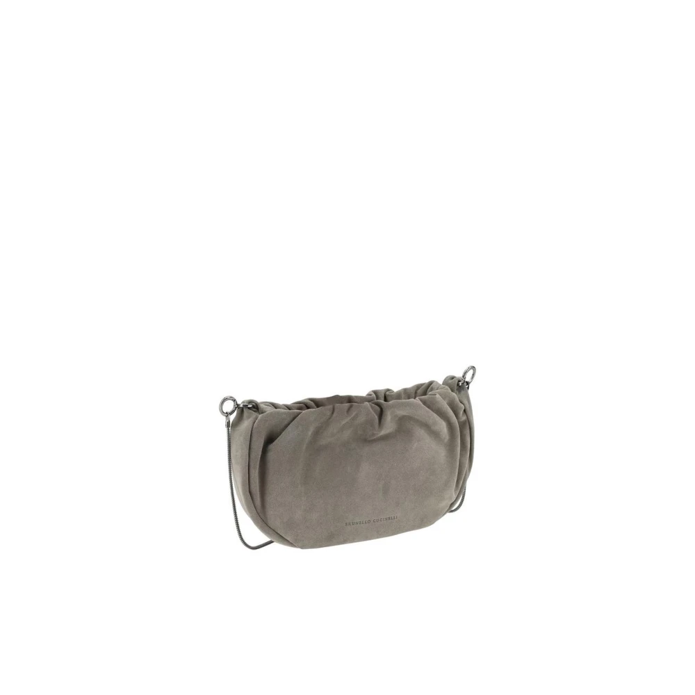 BRUNELLO CUCINELLI Schoudertas met juweel-geaccentueerde afneembare band en gerimpelde top Gray Dames