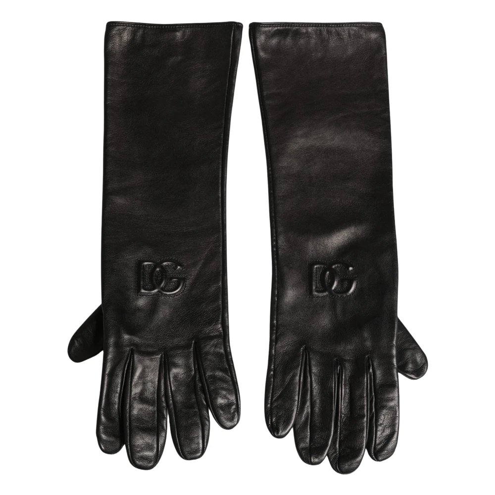 Dolce & Gabbana Black Genuine Leather Embossed DG Logo Gloves - M - Image 2