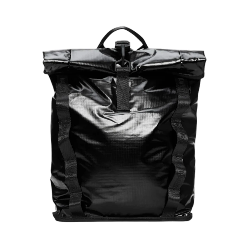 Rains Zwarte Technische Rugzak Rolltop Compressiesysteem Black Unisex