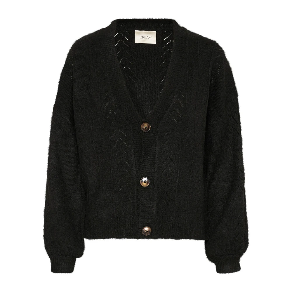 Cream Black Knit Cardigan With Puff Sleeves - Female - Cardigans - L/Xl - Knitwear