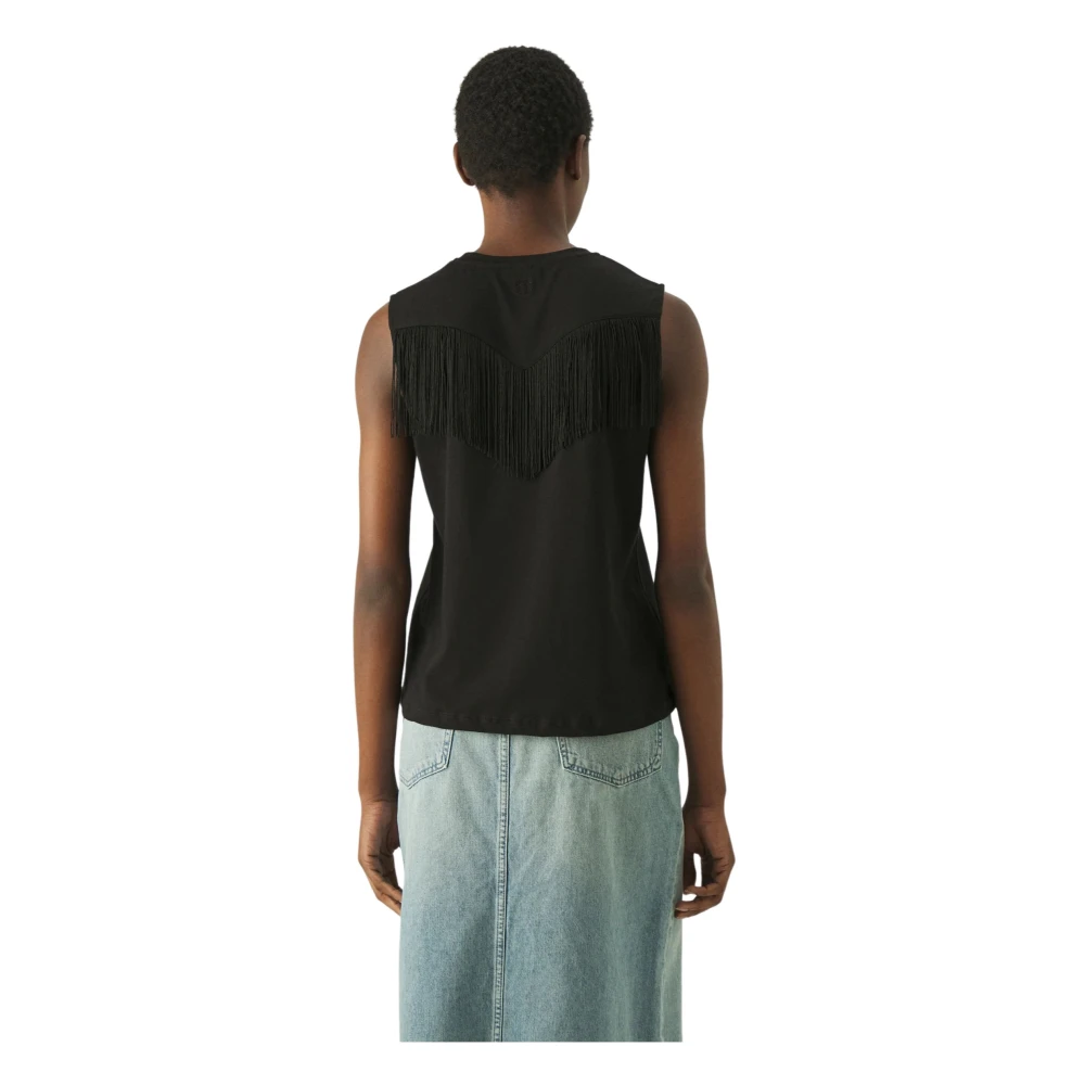 pinko Zwarte katoenen T-shirt met franjes Black Dames