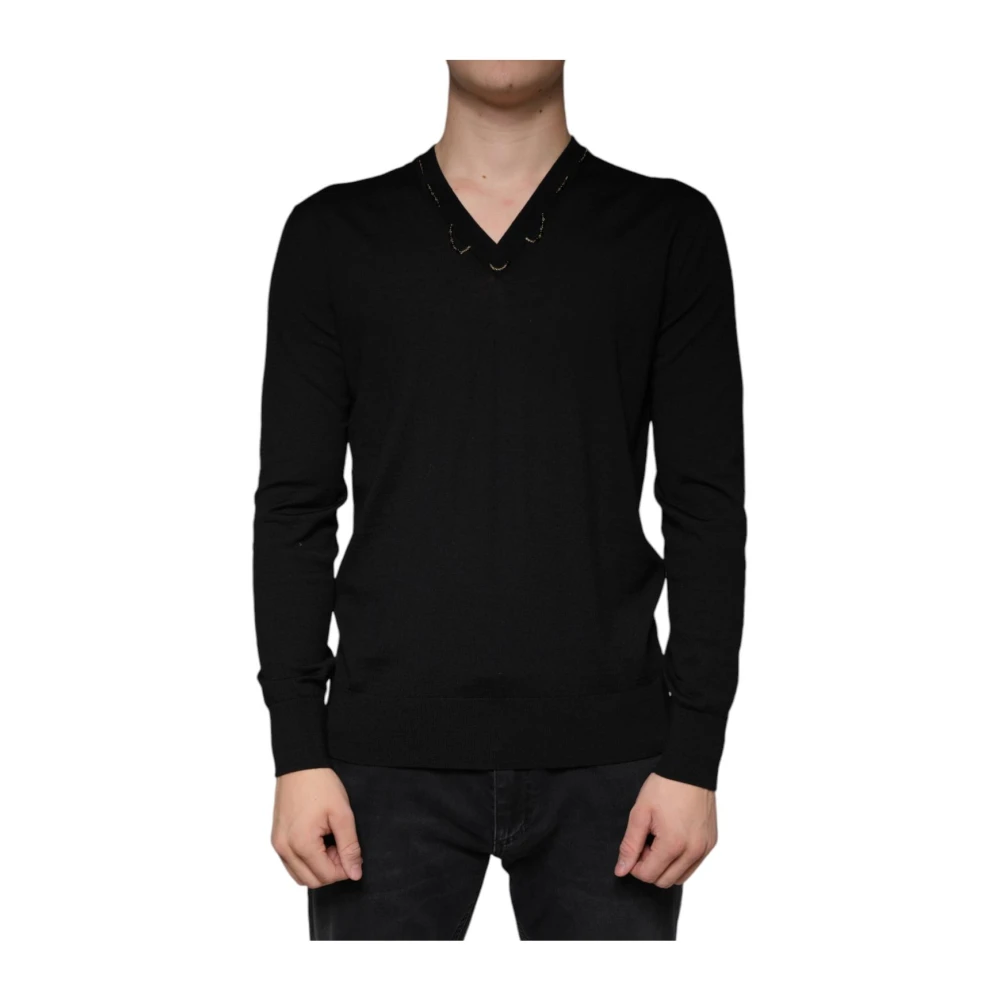 Dolce & Gabbana Men's Black V-Neck Knitwear, 2XS, V-Neck Wool Jumper