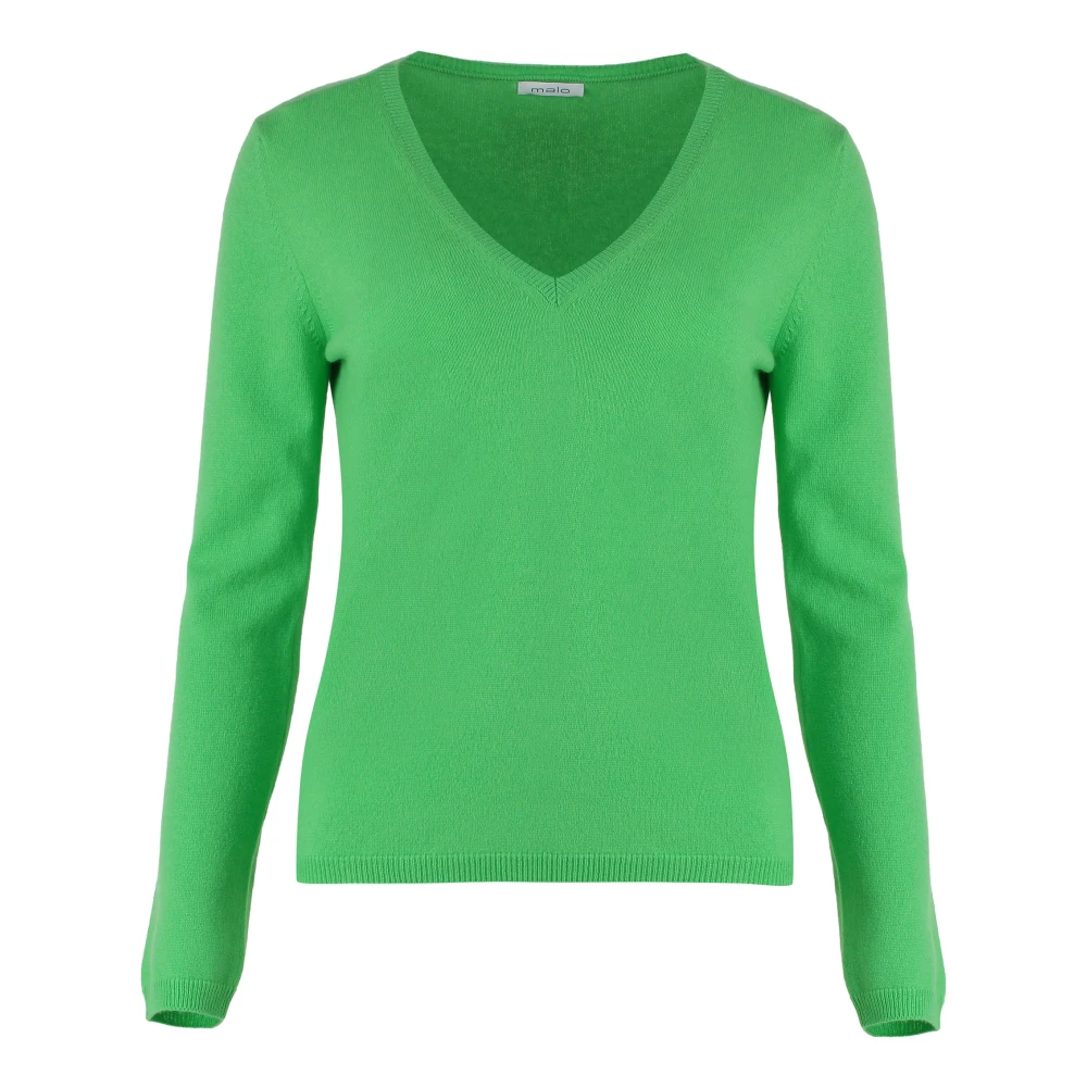 Malo Luxe Cashmere Sweater Ribgebreide Randen Green Dames