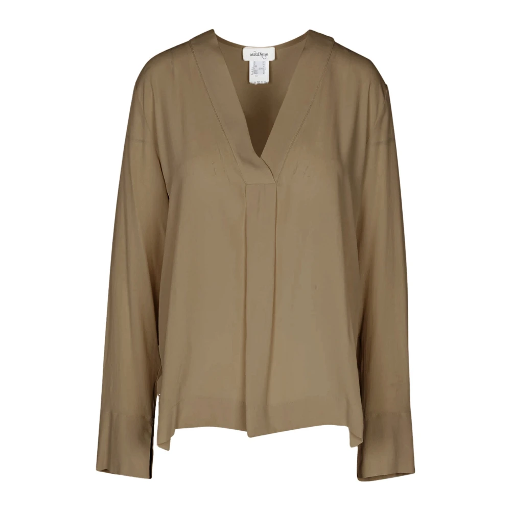 Ottod'Ame Crepe Blouse met V-hals en Slouched Schouders Green Dames