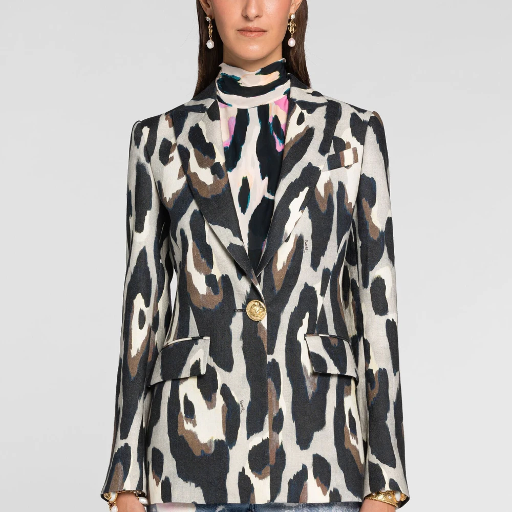Roberto Cavalli Jaguar-Print Linen Blazer Slim Fit Multicolor Dames