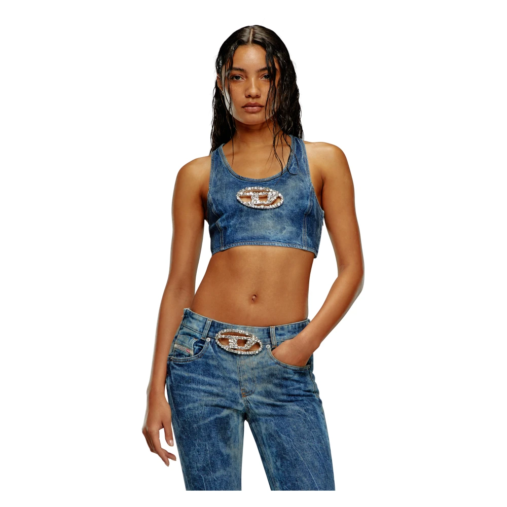 Diesel Cropped denim top with crystal plaque Blue Dames