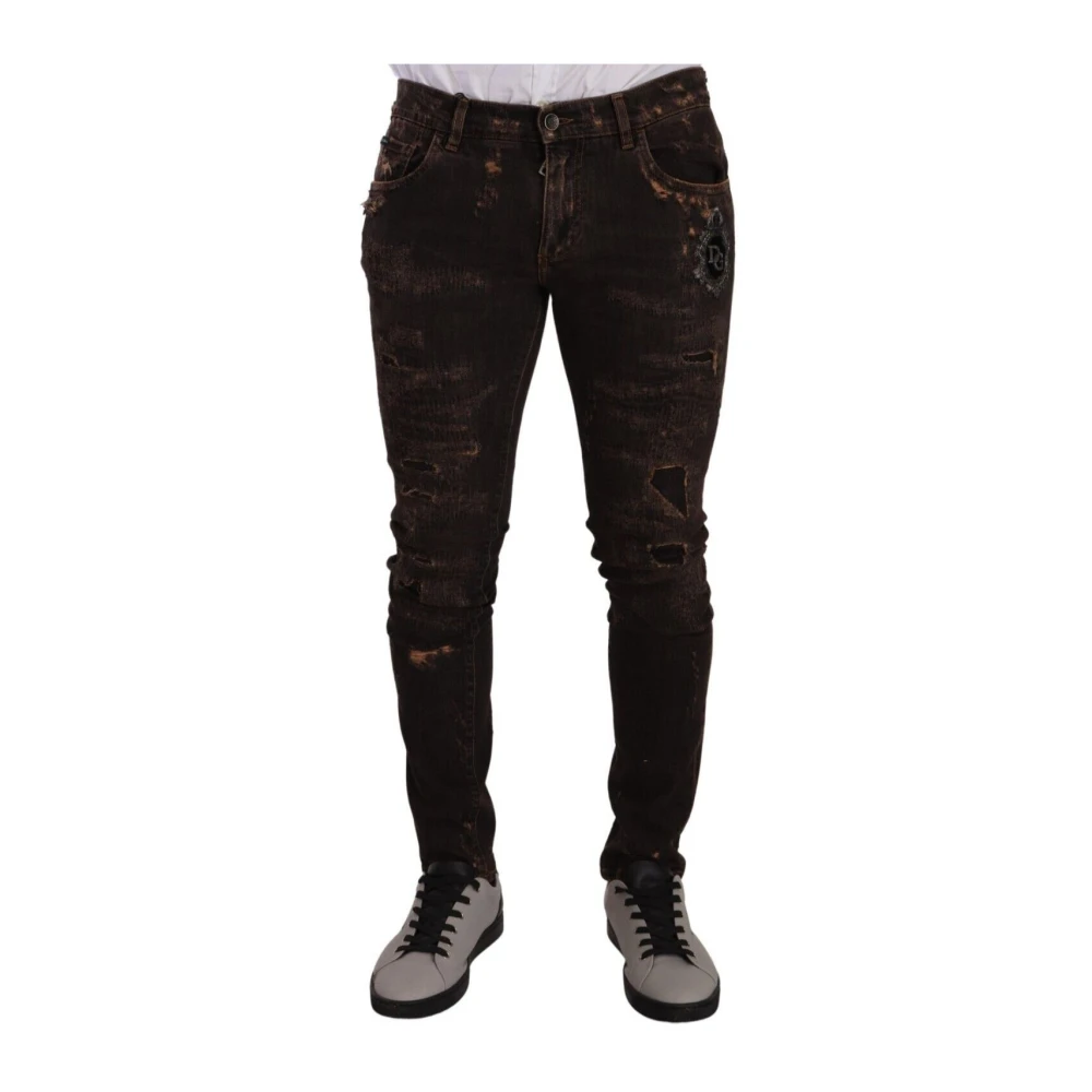 Dolce & Gabbana Men's Brown Distressed Slim Fit Skinny Denim Jeans