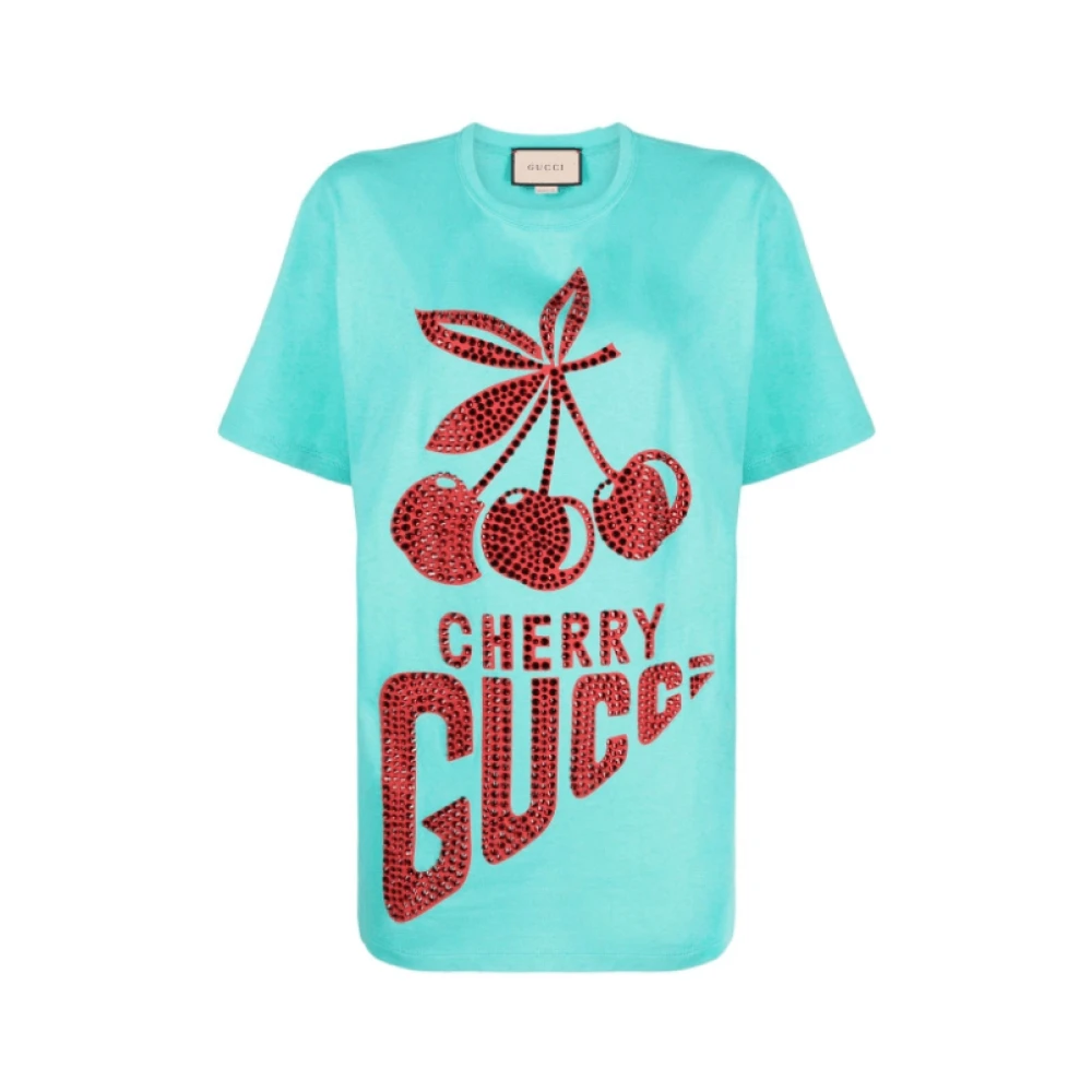 Gucci T-shirt met kristalversierd kersenmotief Blue Dames