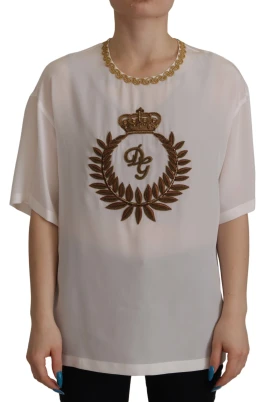 Elegant Sidenskjorta med Guld Kronbroderi