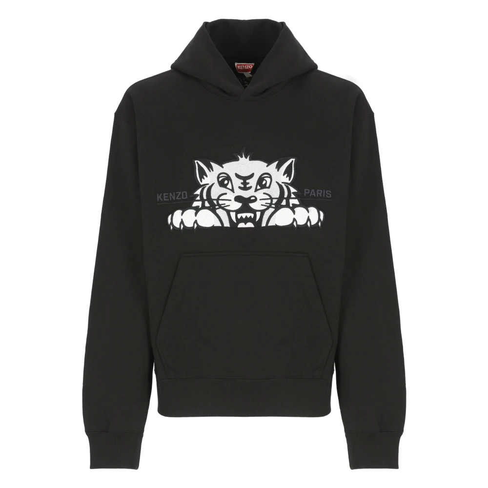 Kenzo Zwarte Katoenen Hoodie met Vrolijke Tijgerborduursel Black Heren