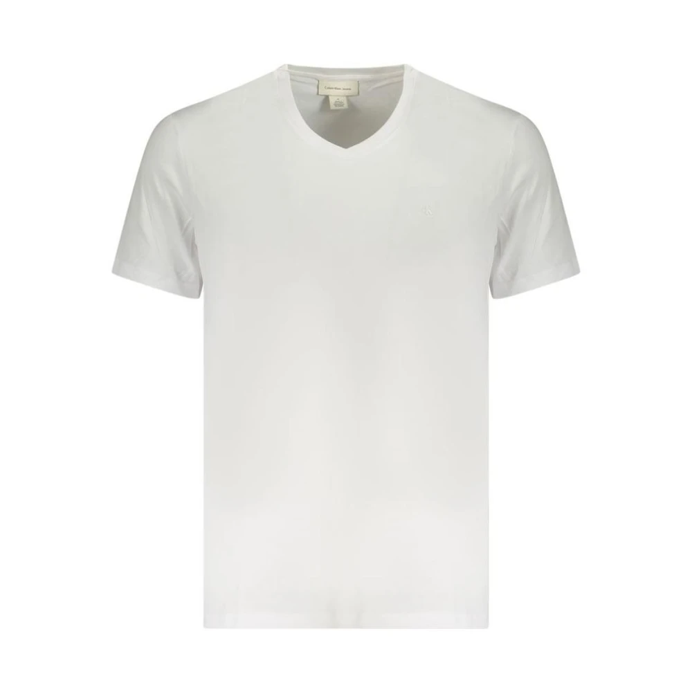 Calvin Klein Men's White T-Shirts,, Logo Embroidered V-Neck Cotton Tee Extra Large