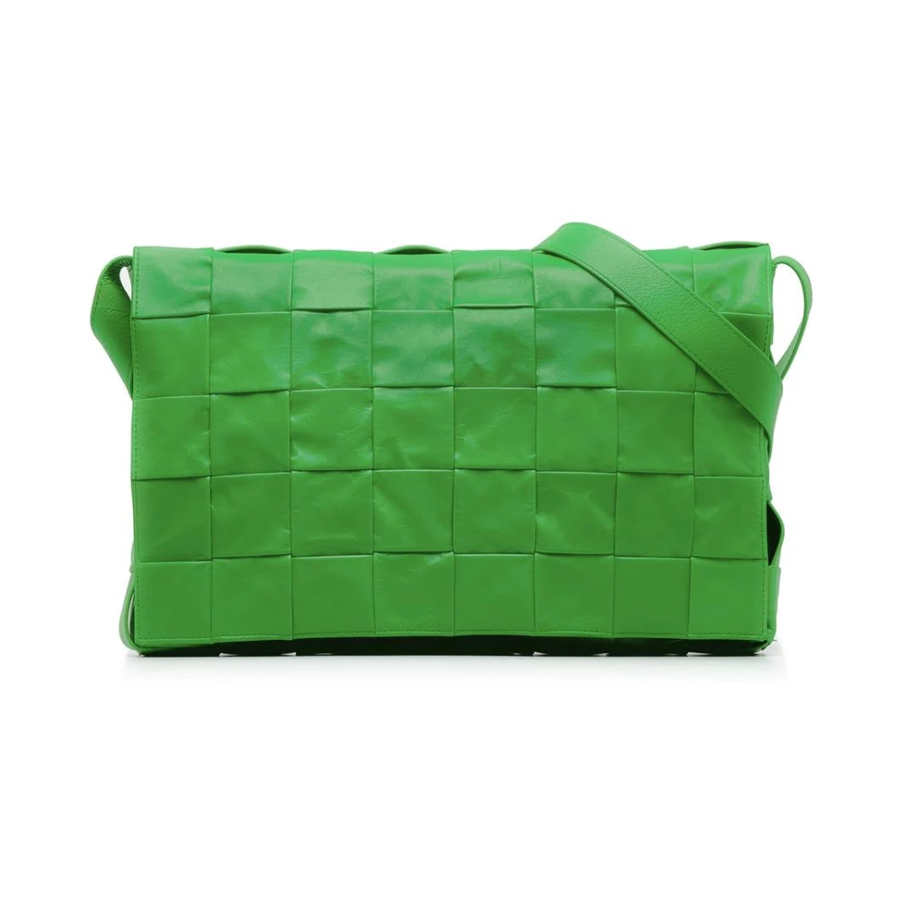 Bottega Veneta Vintage Women's Green Pre-Owned Woven Leather Crossbody Bag With Shoulder Strap