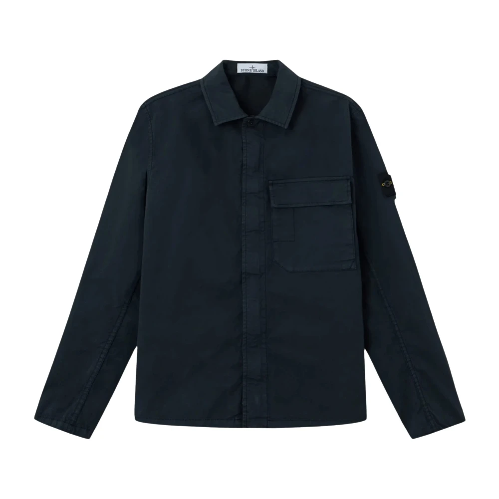Stone Island Blue Stretch Cotton Twill Overshirt - Male - Light Jackets - L - Jackets