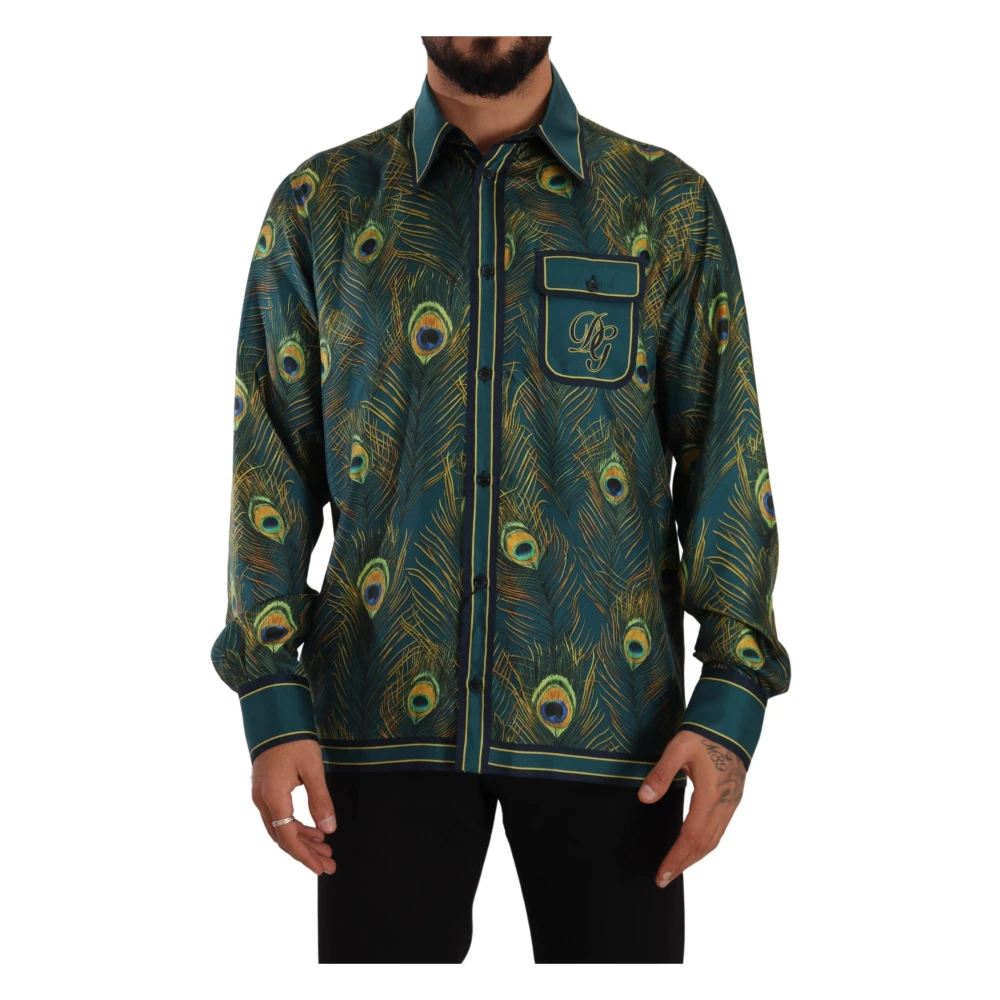Dolce & Gabbana Men's Green Peacock Feather Print Silk Shirt