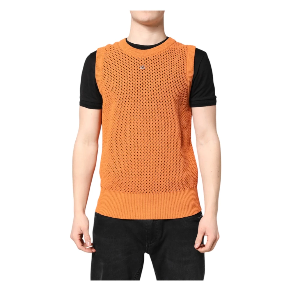 Dolce & Gabbana Orange Cashmere Sleeveless Round Neck T-Shirt - Male - Cashmere Knitwear - Orange - M - Knitwear