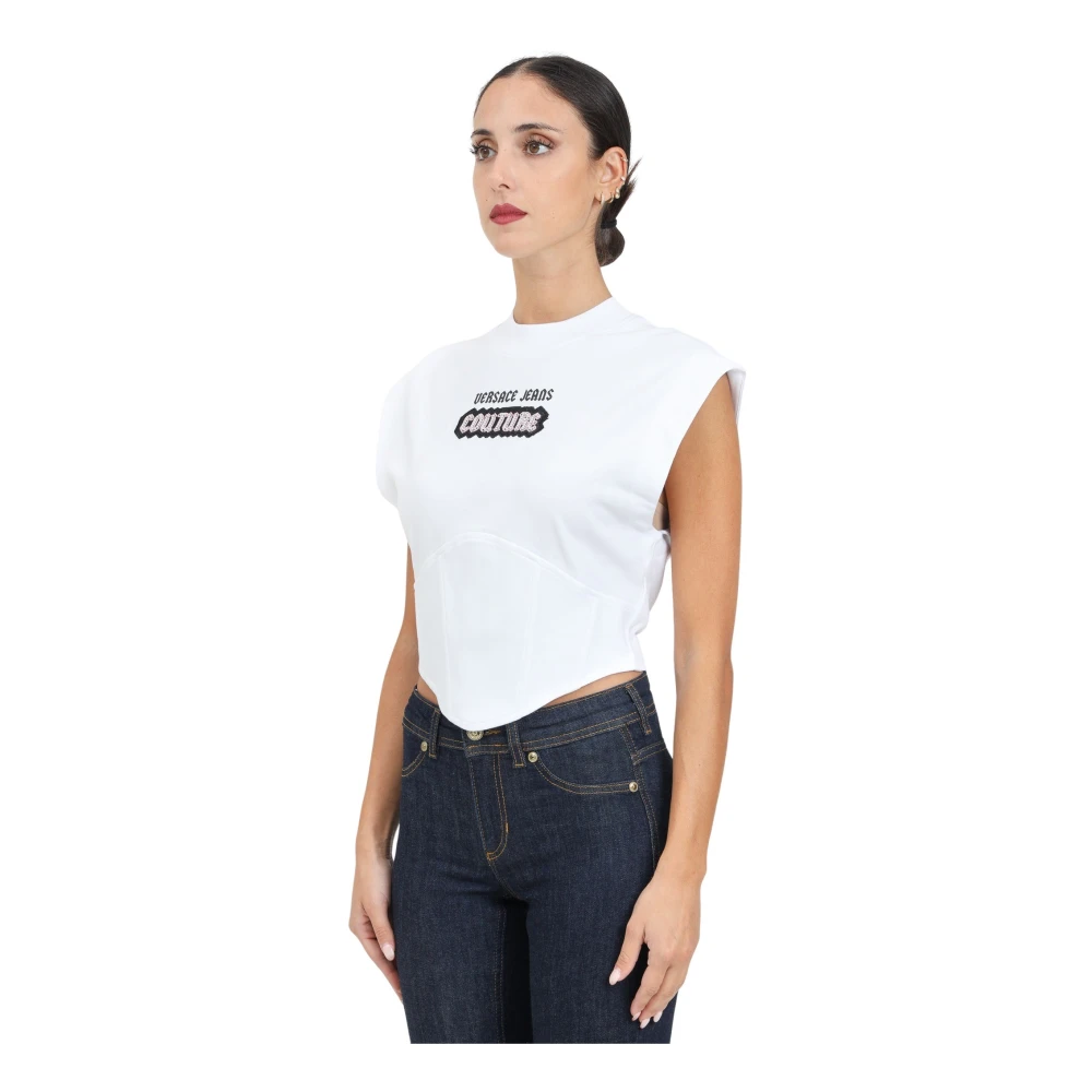 Versace Jeans Couture Women's White Gothic Logo Embroidered Sleeveless T-Shirt