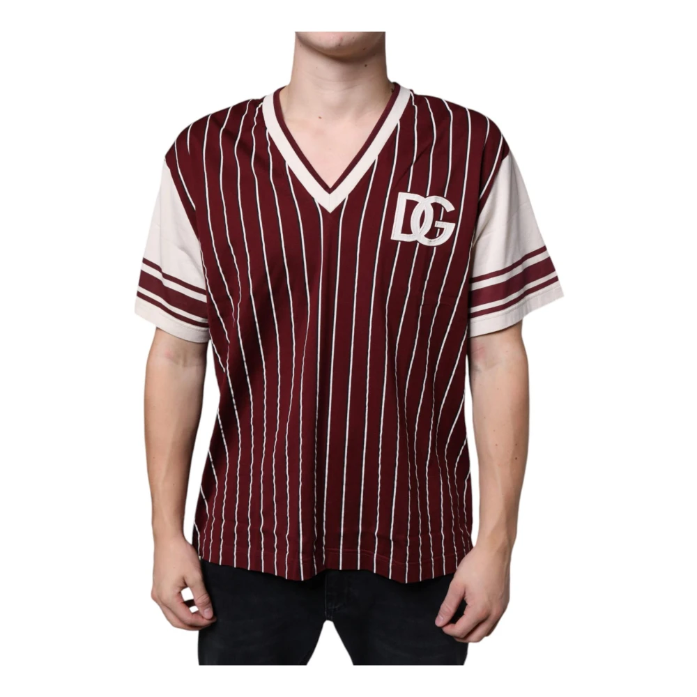 Dolce & Gabbana Maroon Gestreept Katoen V-hals T-shirt Brown Heren