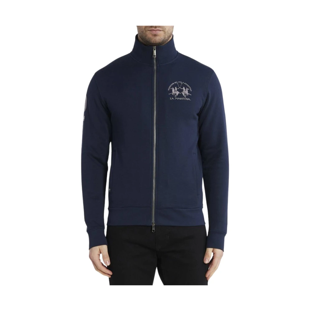 LA MARTINA Blauwe Katoenen Rits Sweatshirt Geborduurd Logo Blue Heren