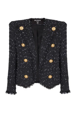 Kort 8-knappsjacka i prickigt tweed