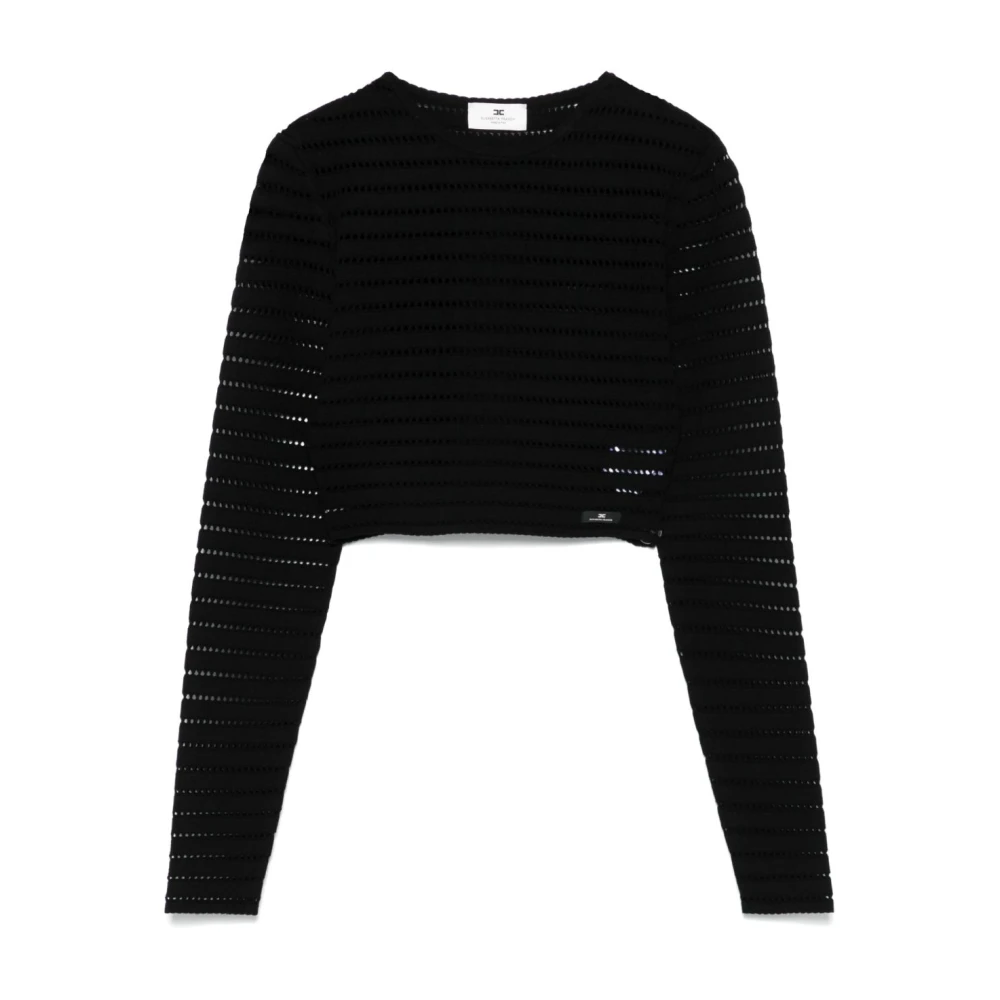 Elisabetta Franchi Zwart Logo Tag Ronde Hals Lange Mouw Black Dames