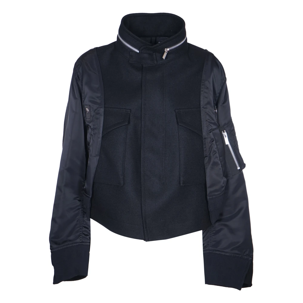 Sacai Zwarte Wol Melton Nylon Twill Jas Black Dames