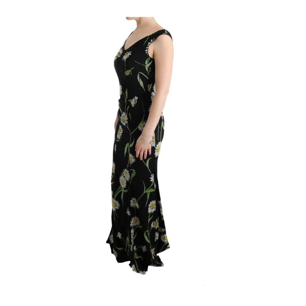 Dolce & Gabbana Zonnebloemprint Maxi Jurk Mouwloos V-hals Black Dames