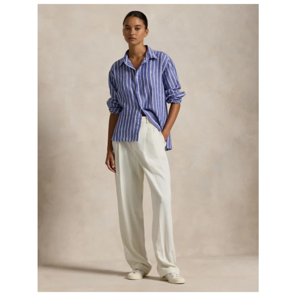 Polo Ralph Lauren Gestreepte Linnen Crop Shirt Blauw Blue Dames