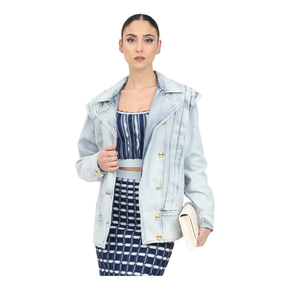 Elisabetta Franchi Blauwe Denim Oversized Jack met Geplooide Details Blue Dames