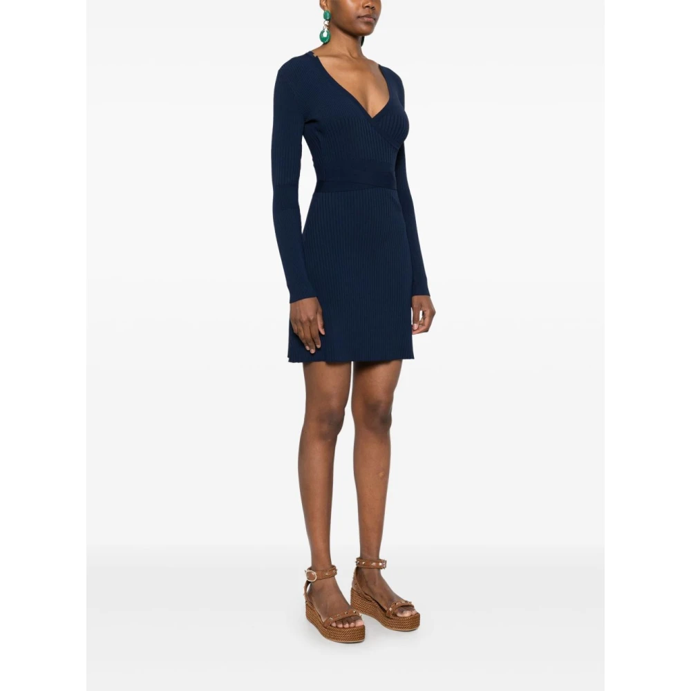 Elisabetta Franchi Blauwe Geribbelde V-Hals Mini Jurk Blue Dames