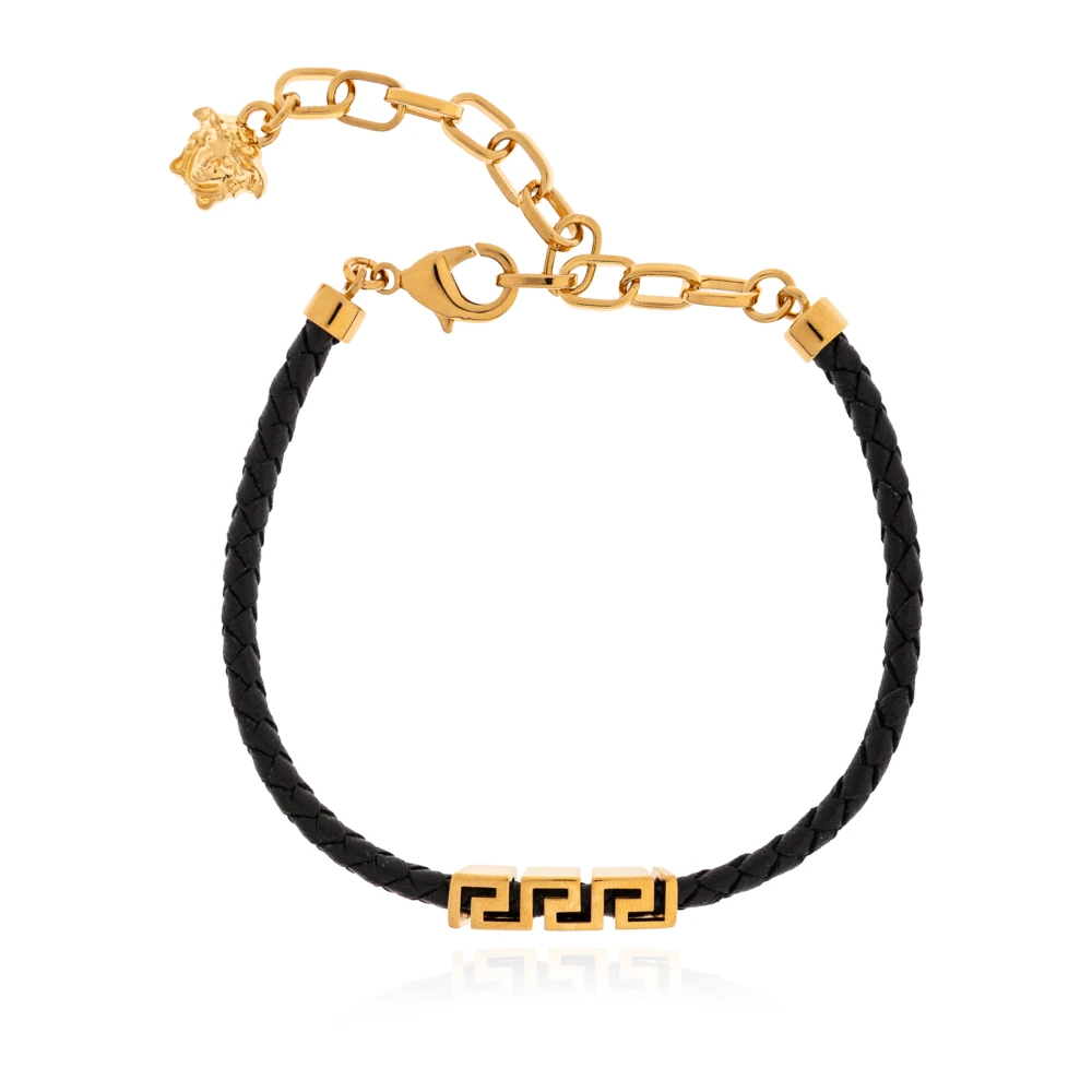 Versace Men's Black Bracelets, One Size, Greca Leather Bracelet