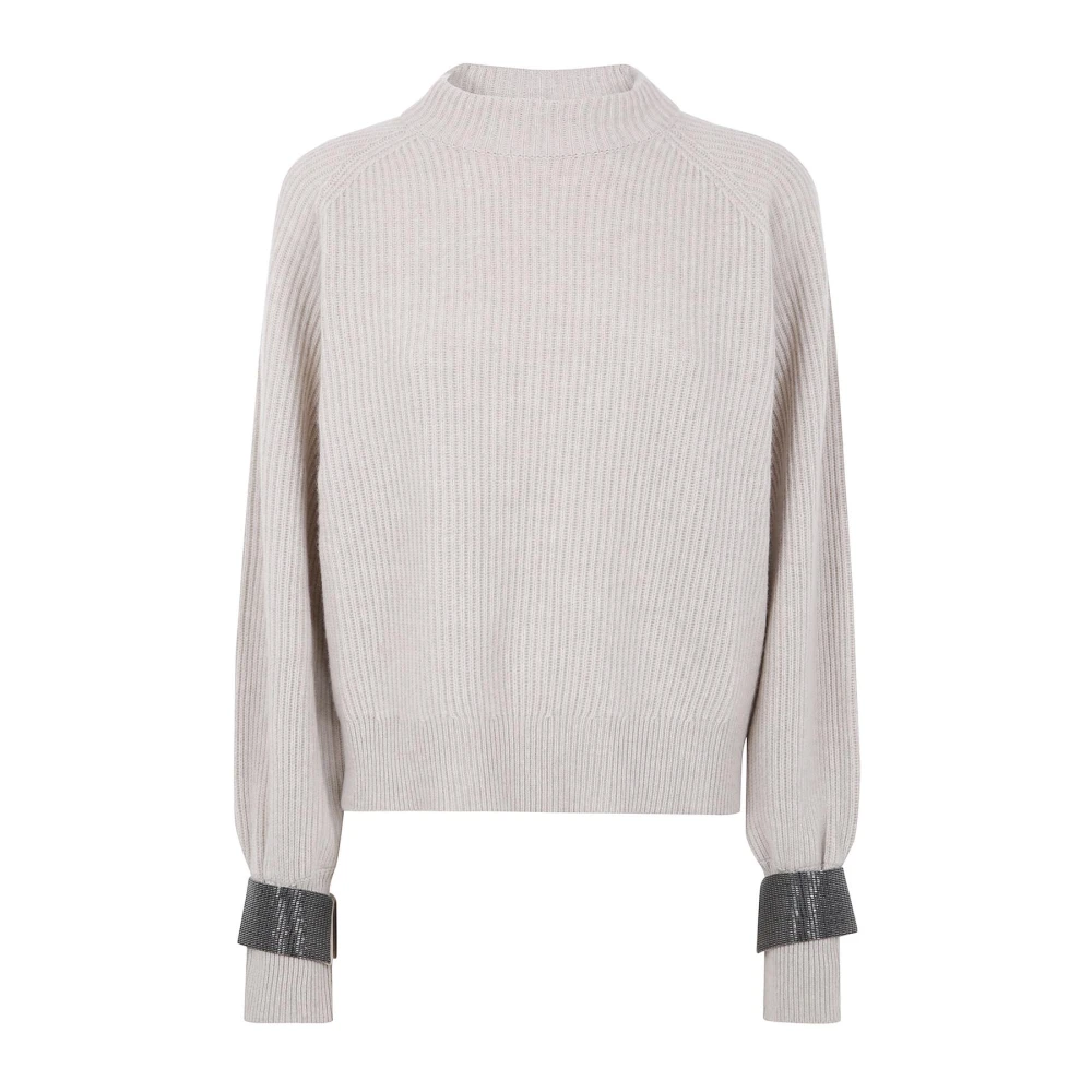 Brunello Cucinelli Beige Ribbed Mock Neck Jumper With Embellished Cuffs - Female - Cashmere Knitwear - M - Knitwear