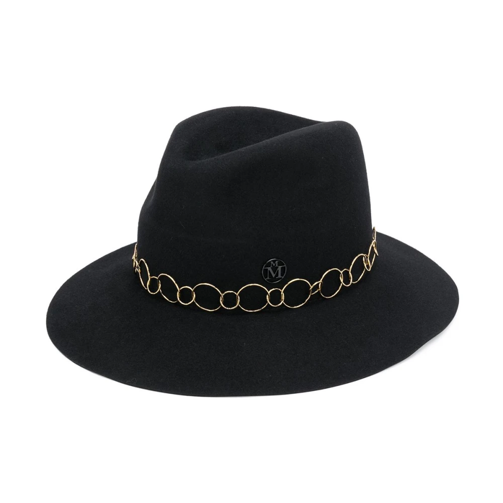 Maison Michel Elegante zwarte wollen fedora hoed met gouden ketting Black Dames