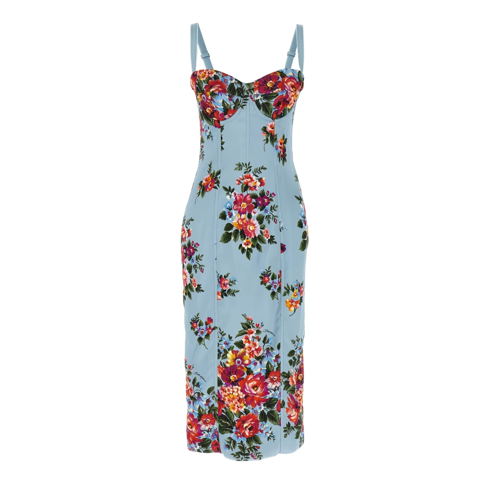Dolce & Gabbana Blue Mazzo Di Fiori Print Midi Dress - Female - Midi Dresses - L - Dresses