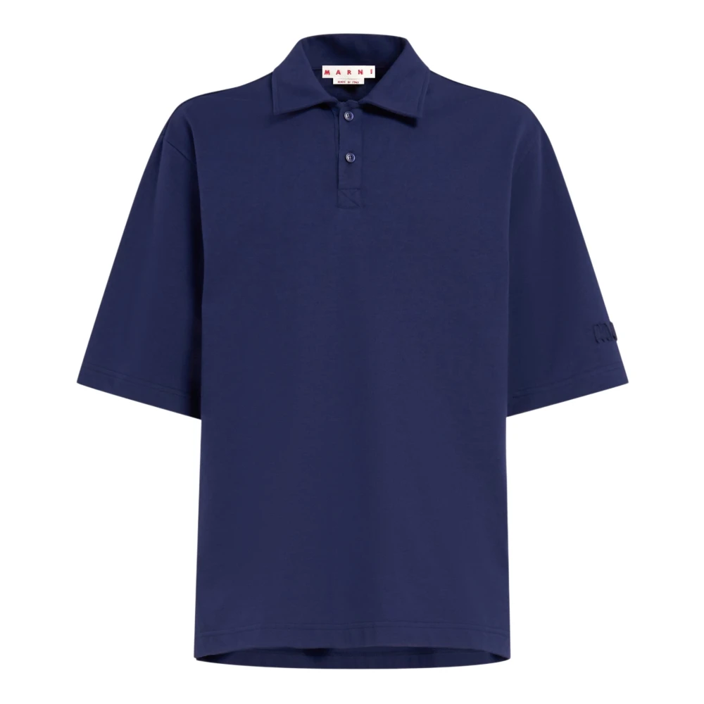 Marni Men's Blue Short Sleeve Shirts, M, Cotton Oversized Polo Shirt With Patches