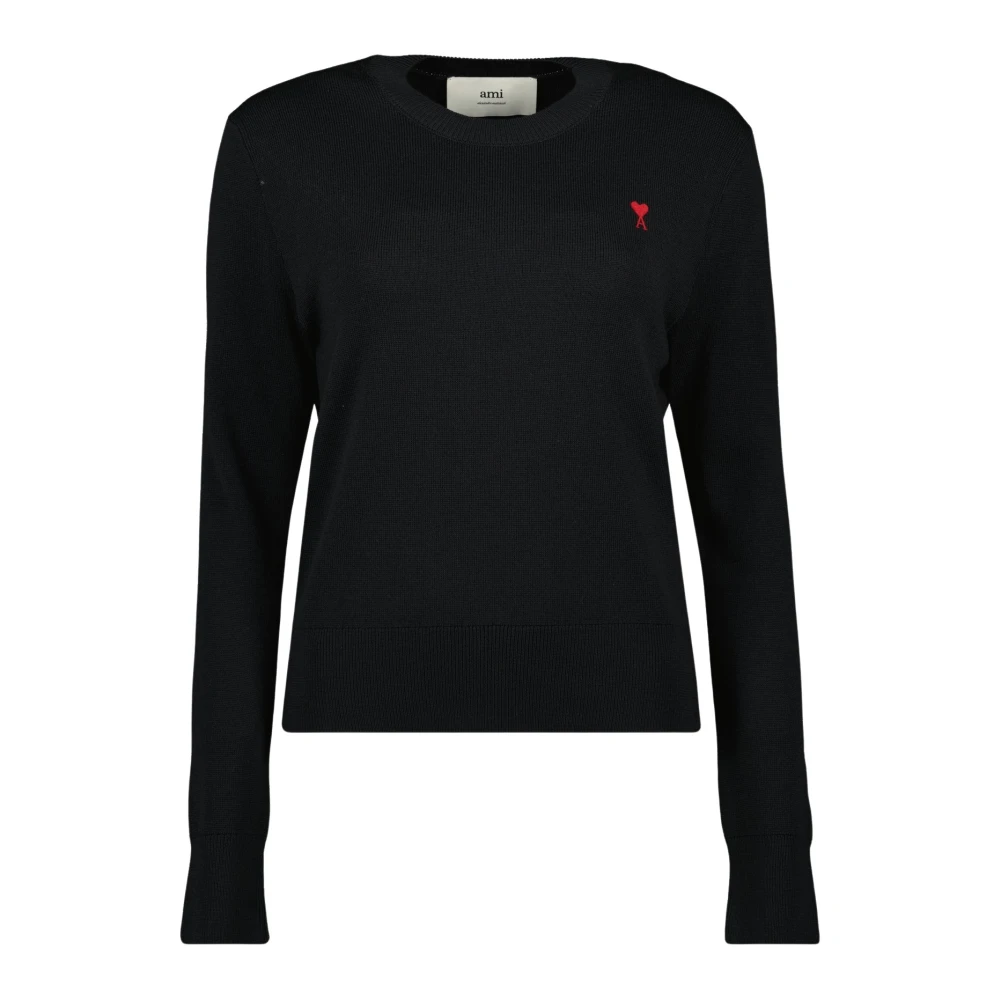 Ami Paris Women's Black Round-Neck Knitwear, S, Heart Jumper