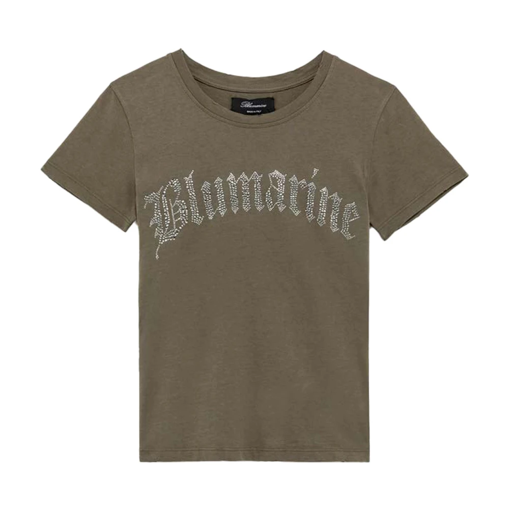 Blumarine Women's Gray T-Shirts, M, Crystal-Embellished Logo-Detail T-Shirt