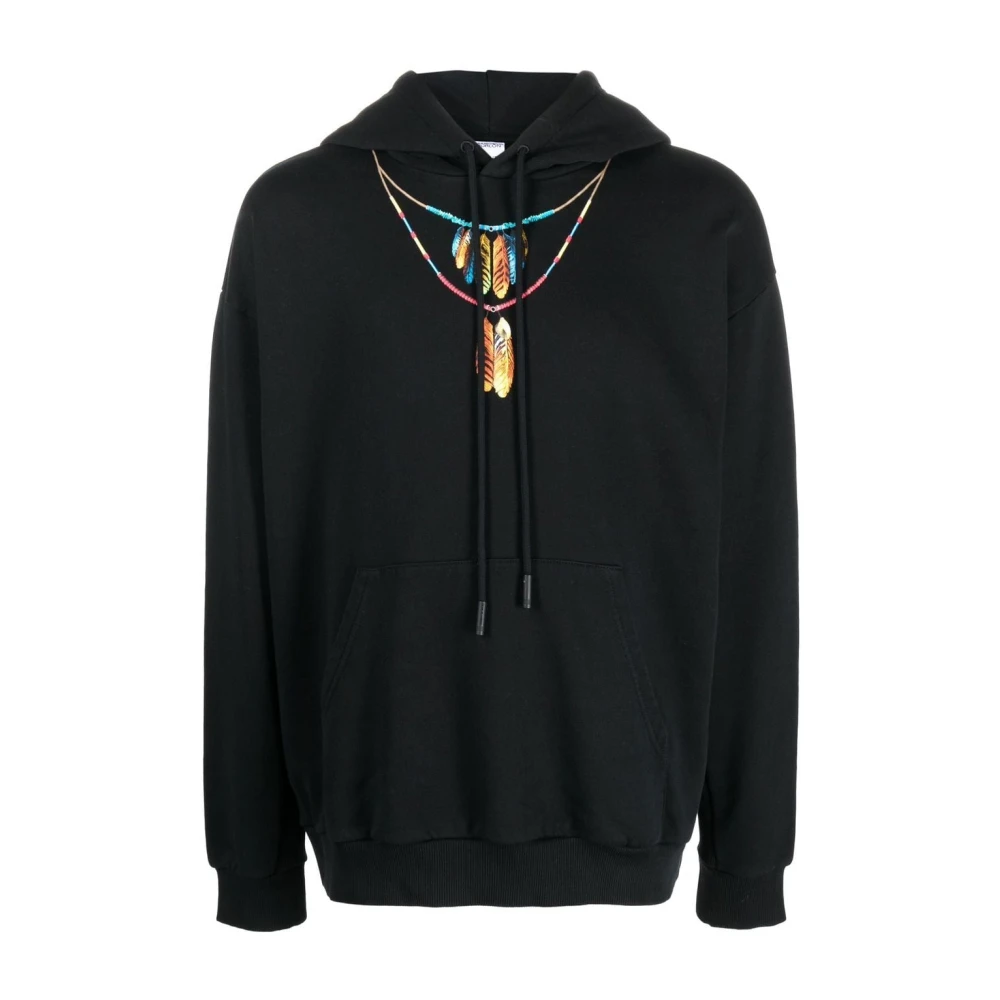 Marcelo Burlon Uomo Nero Felpa Con Cappuccio E Collana Di Piume Nere E Rosse