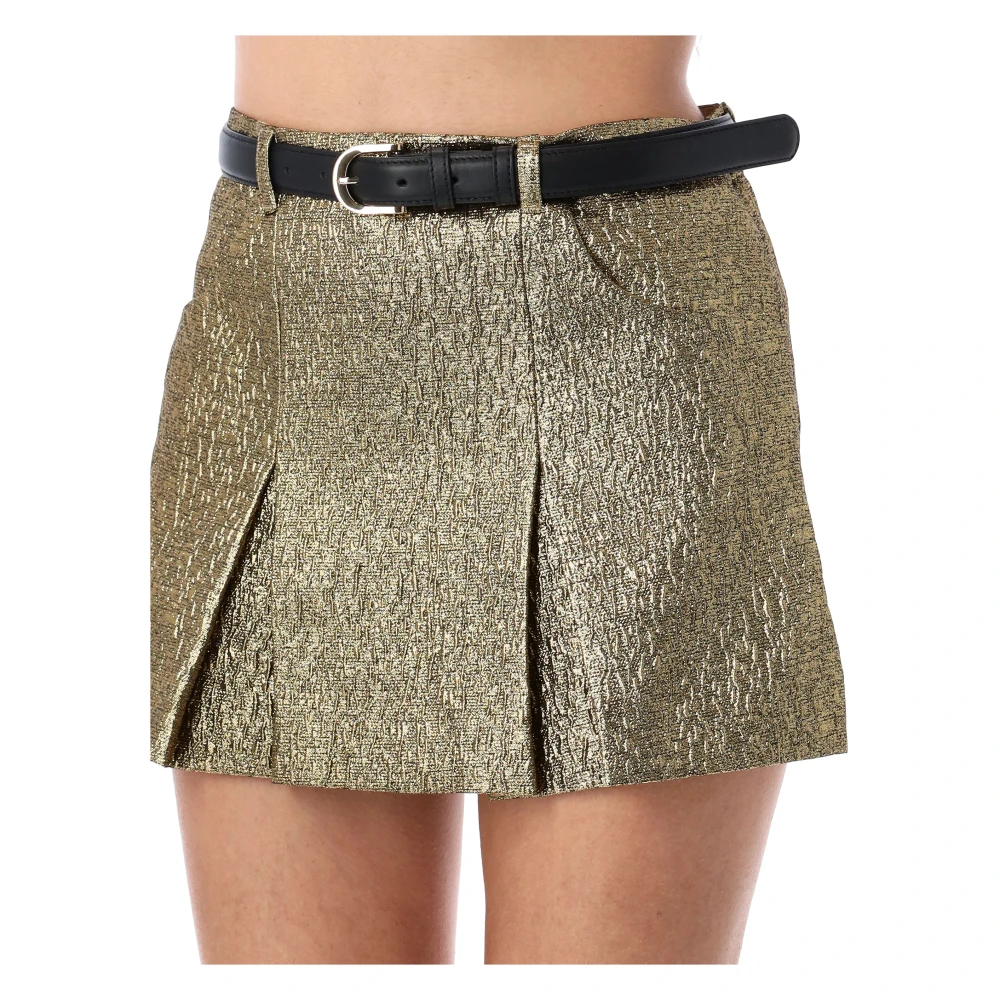 Self Portrait Goudkleurige metallic jacquard skort met riem Yellow Dames