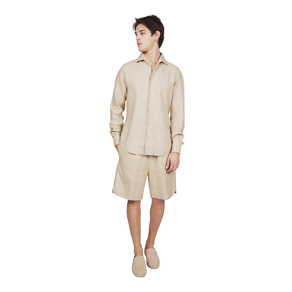 Eleventy Linnen Overhemd Dubbele Kraag Beige Heren