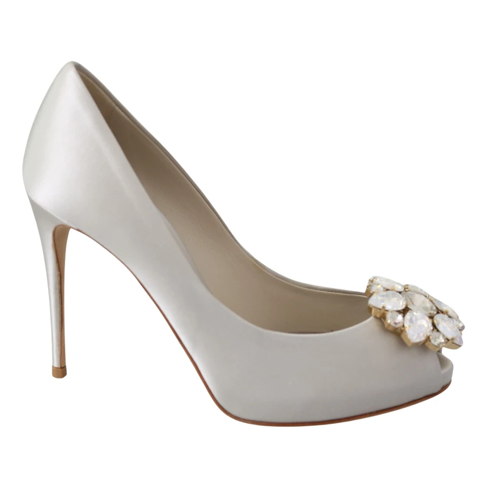 Dolce & Gabbana White Pumps, Female, 5 1/2 Uk, Crystal Peep Toe Silk Heels