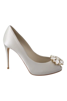 Vita Kristall Peep Toe Sidenklackar