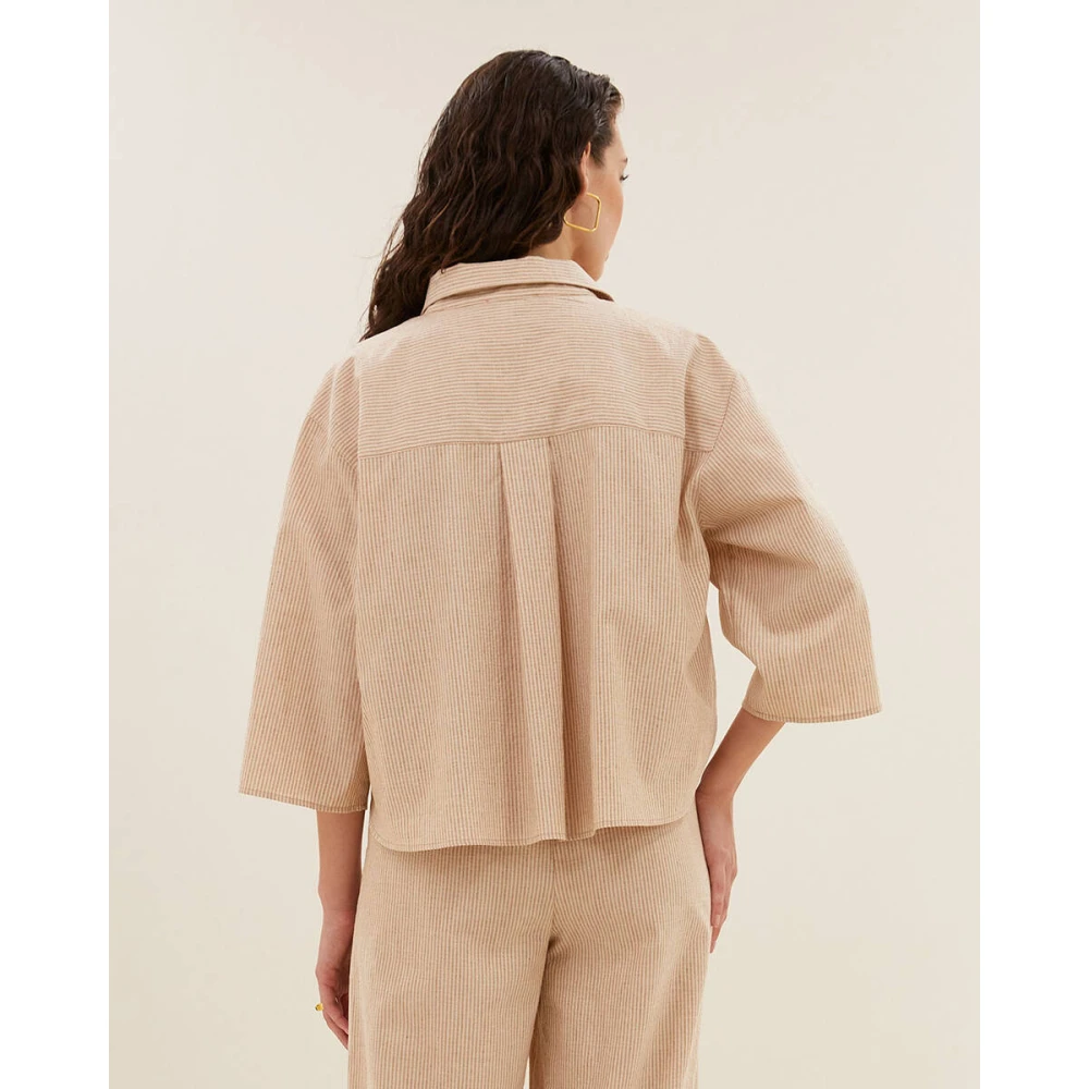 By-Bar Lurex Streep Korte Mouw Blouse Beige Dames
