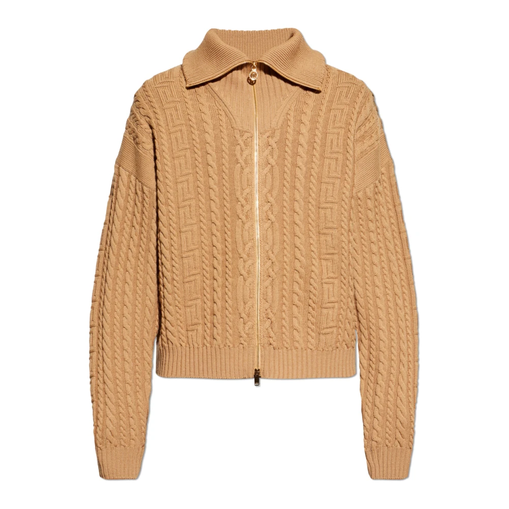 Versace Mannelijk Beige Truien & Vesten Heren, S, Wol, Geborduurde Wollen Gebreide Sweater Met Rits