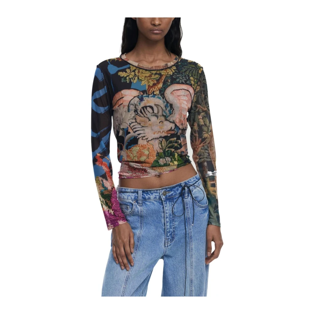 Desigual Women's Multicolor Long Sleeve T-Shirts, Xs, Blue Printed Long Sleeve T-Shirt