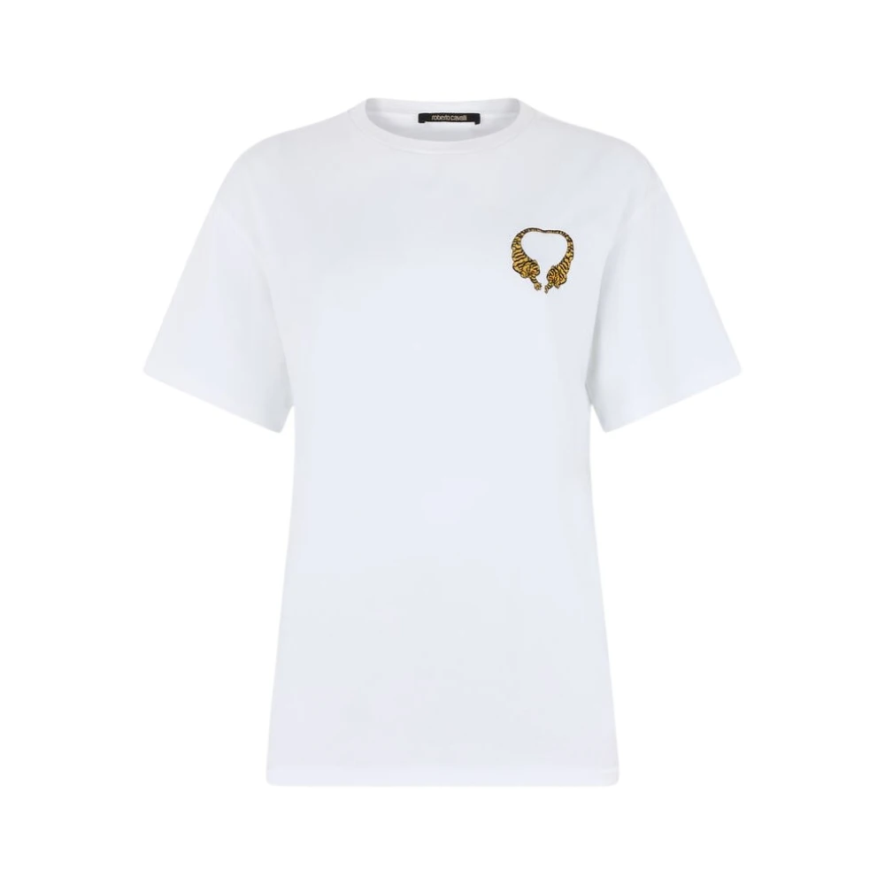 Roberto Cavalli , T-Shirts, Female, White, S, Cotton T-Shirt With Tigers