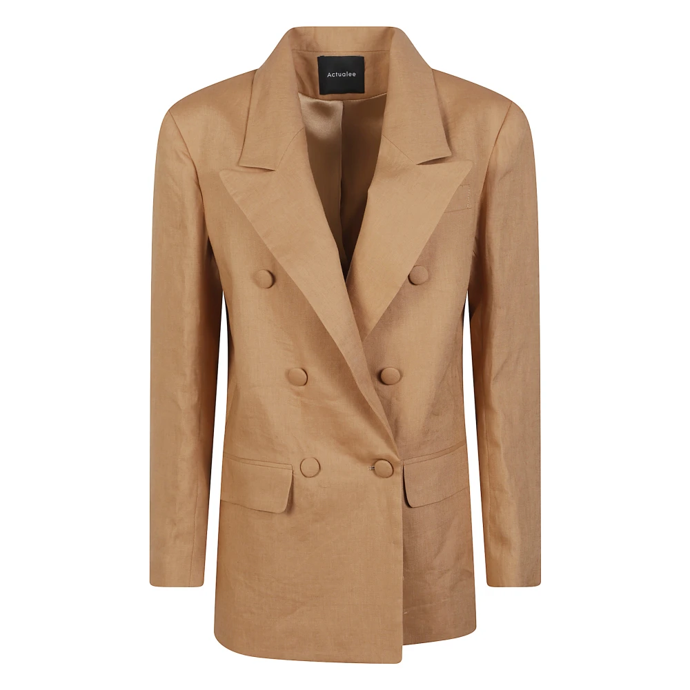 Actualee Women's Beige Blazers, M, Double-Breasted Linen Blazer