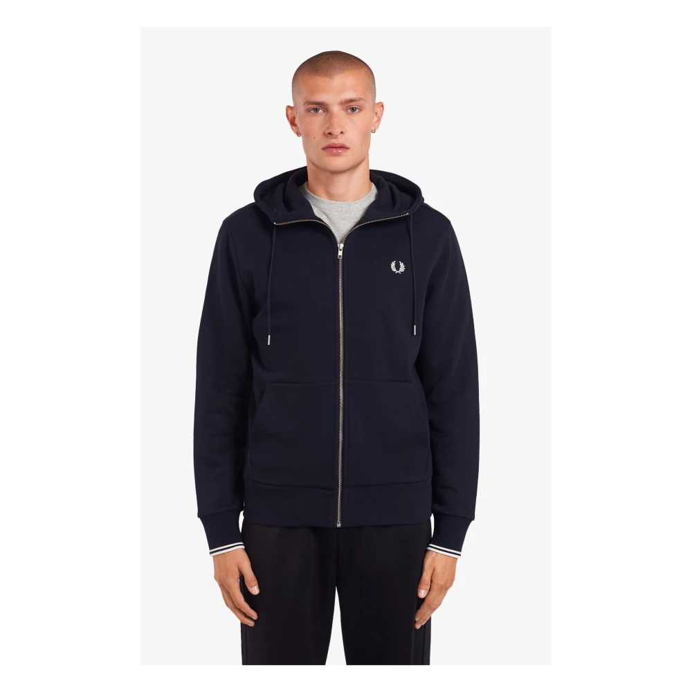 Fred Perry Navy Hooded Sweatshirt met Rits Blue Heren