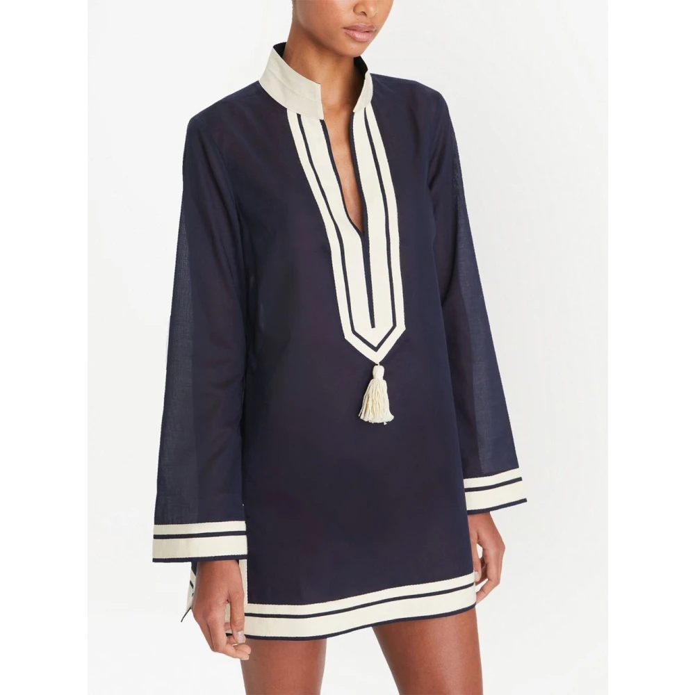 TORY BURCH Blauw Katoen U-Hals Shirt Kwast Blue Dames